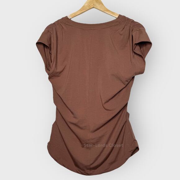Athleta Outbound V Neck Top Small Rustic Beige Cap Sleeve Ruched Stretch - Picture 6 of 6